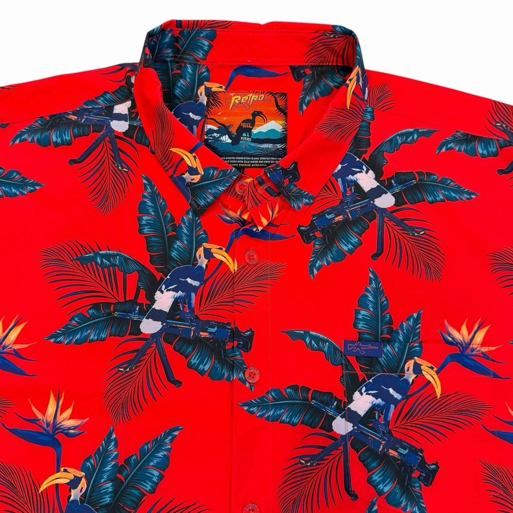 Retro Rifle Shirt Mens 4XL Hawaiian Tropical Vacation Button Up Perched Bird Red